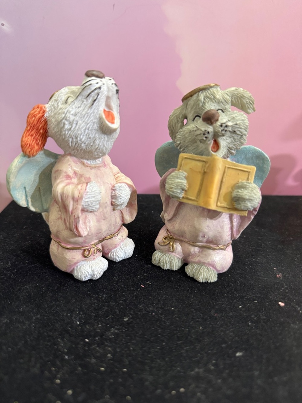 Pair of Vintage Handpainted Angel Dog Figurines with Wings Singing